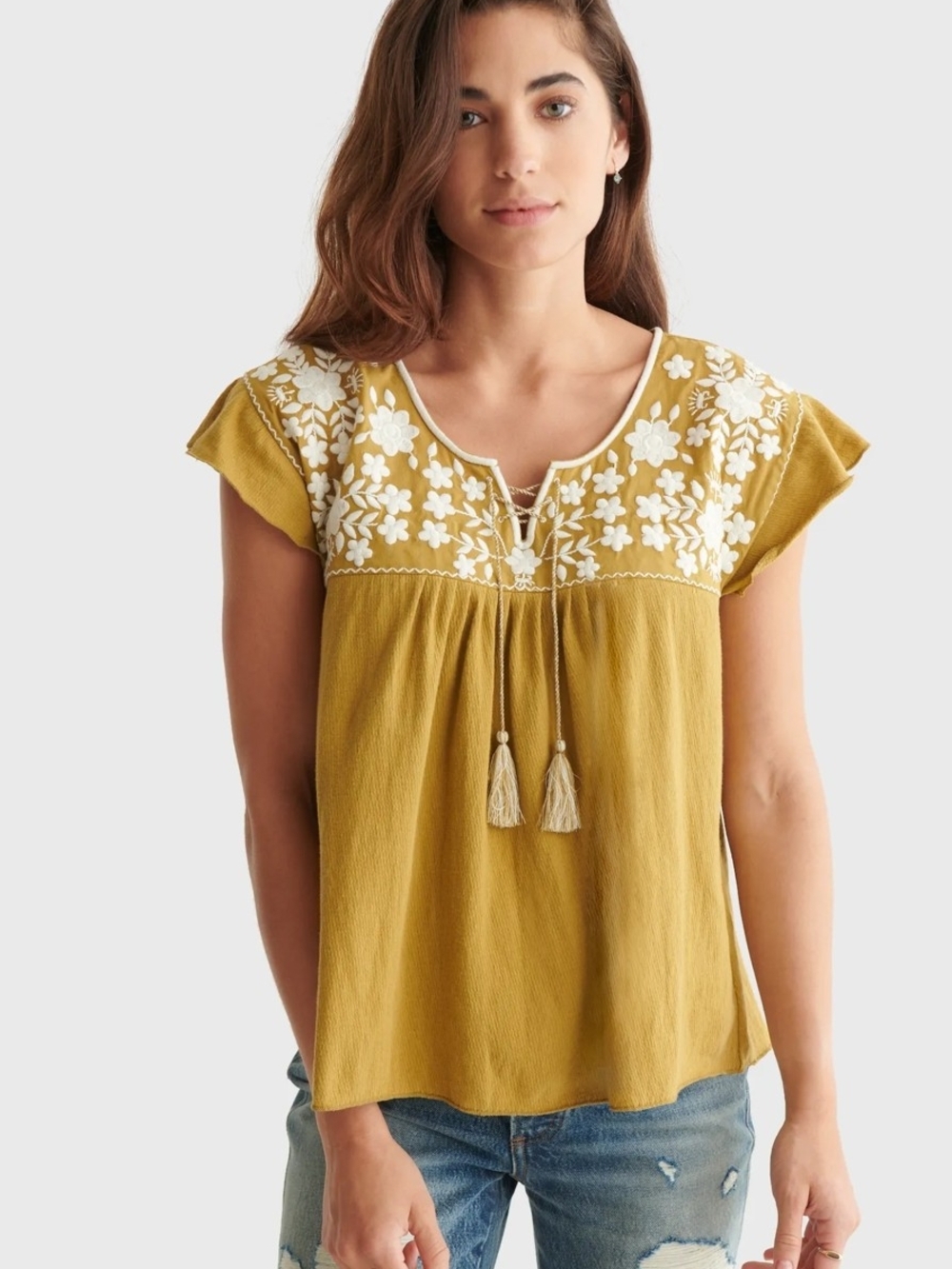 Lucky Brand Womens Willow Yellow Embroidered Boho Blouse Size Large